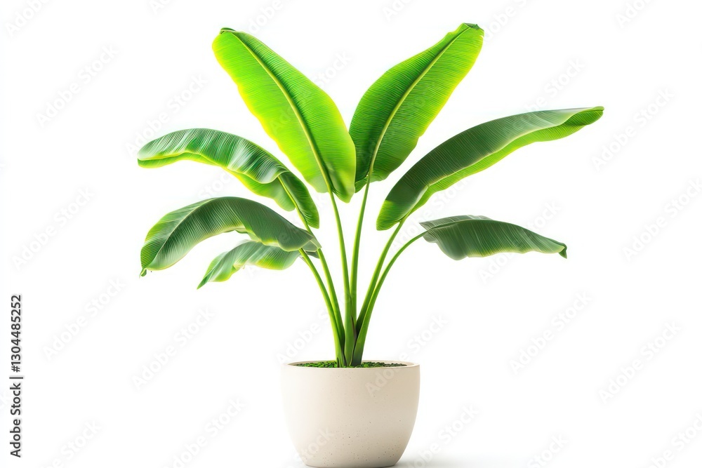 A vibrant potted banana plant with a tropical appearance, isolated on white to showcase its large green leaves and sturdy pot. A vibrant potted banana plant with a tropical appearance, isolated on white to showcase its large green leaves and sturdy pot.
