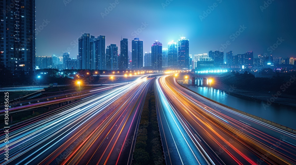 Vibrant cityscape at night with illuminated skyscrapers and dynamic light trails Vibrant cityscape at night with illuminated skyscrapers and dynamic light trails