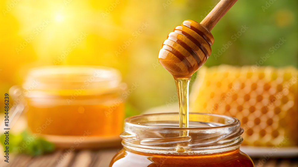 Golden Nectar: Honey dripping from a dipper into a jar, with a honeycomb in the background, capturing the golden, sweet essence of nature. Golden Nectar: Honey dripping from a dipper into a jar, with a honeycomb in the background, capturing the golden, sweet essence of nature.