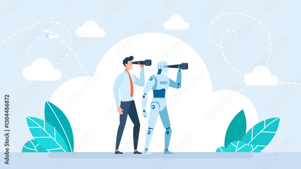 Searching for information online, AI support. Working artificial intelligence. Business man and robot using binoculars. Businessman and robot analyst use telescope. AI cooperation. Vector illustration Searching for information online, AI support. Working artificial intelligence. Business man and robot using binoculars. Businessman and robot analyst use telescope. AI cooperation. Vector illustration