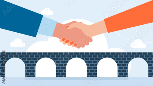 Handshake man and woman on bridge. Hand shaking meeting agreement. Handshake of business people partners businessmen and businesswomen. Women's and men's hands. Vector flat style illustration.