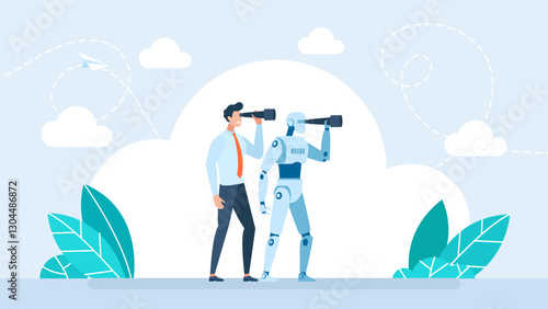 Searching for information online, AI support. Working artificial intelligence. Business man and robot using binoculars. Businessman and robot analyst use telescope. AI cooperation. Vector illustration
