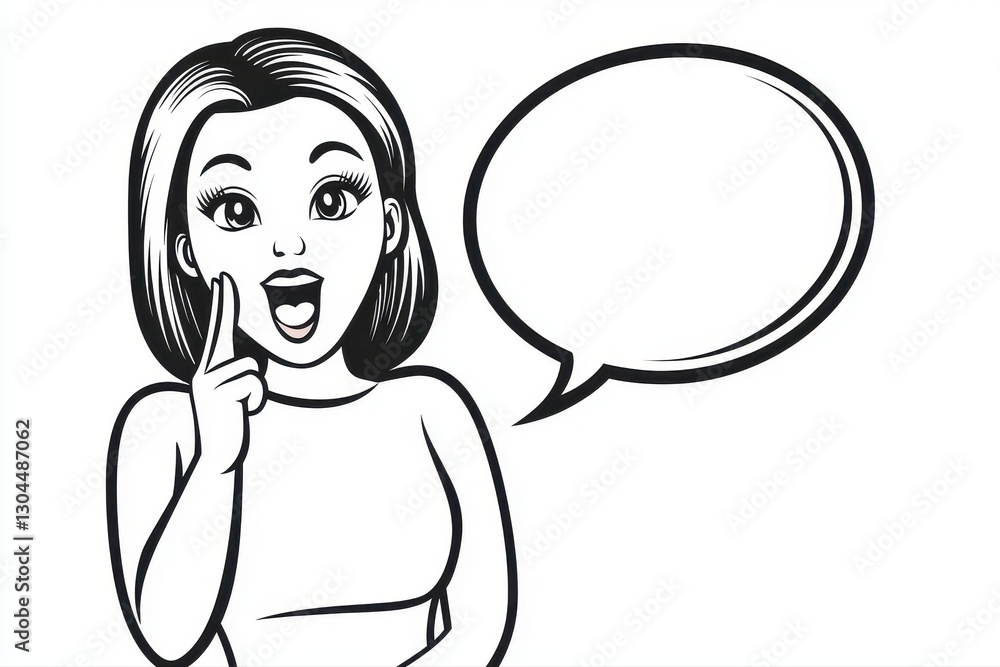 Woman talking in speech bubble with comic style halftone background and pixel art elements Woman talking in speech bubble with comic style halftone background and pixel art elements