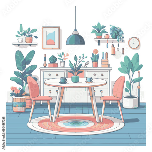 Interior of the dining room  Dining table and chairs made of wood, restaurant kitchen, house, family dinner, home scene, living furnishings, and a clean, cartoon graphic
