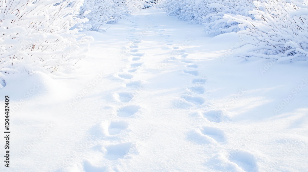 Fototapeta premium Snow-covered path with footprints amidst frosted winter landscape