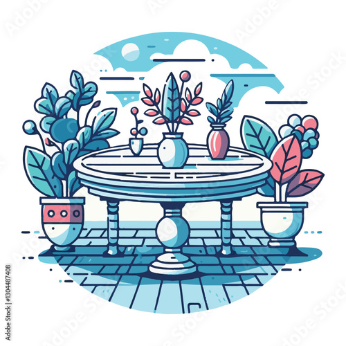 A straightforward drawing of a dining room table with two chairs, a flower vase, and two framed photos
