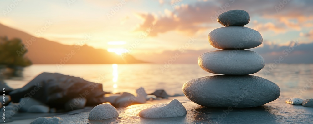 Balanced stone stack at sunset by tranquil water with soft clouds and mountains Balanced stone stack at sunset by tranquil water with soft clouds and mountains