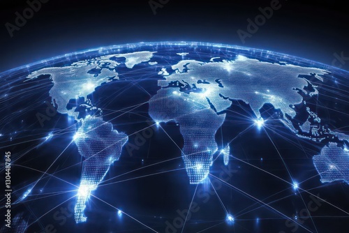 A visualization of the world connected by a digital network, symbolizing the change in communication systems and the impact of digital transformation.