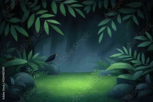 Bird perched on a branch in a dark forest setting with a comic concept poster layout design
