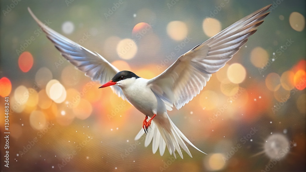 Fototapeta premium Common Tern Bird in Flight, Soft Bokeh Background, Wildlife Photography