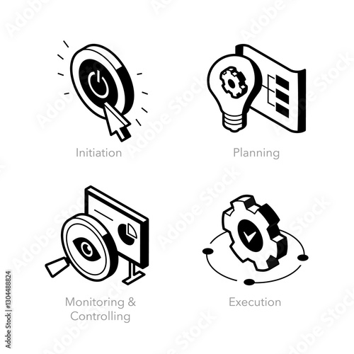 Simple set of isometric line icons for project management. Contains such symbols as Initiation, Planning, Monitoring & Controlling and Execution.