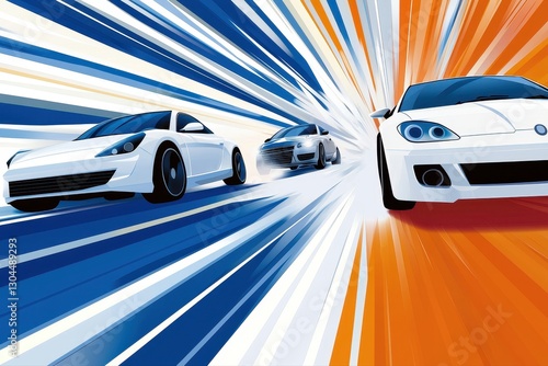 Two white cars racing on a speed track with dynamic comic style zap effect in the background