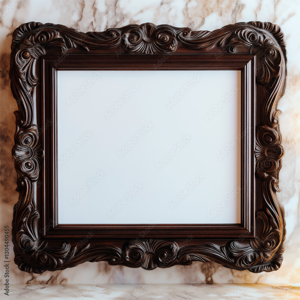 Ornate Dark Wooden Frame with Blank Canvas – Luxurious Interior Mockup Ornate Dark Wooden Frame with Blank Canvas – Luxurious Interior Mockup