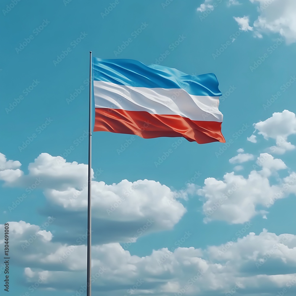 Flag waving atop pole against a cloudy sky Flag waving atop pole against a cloudy sky