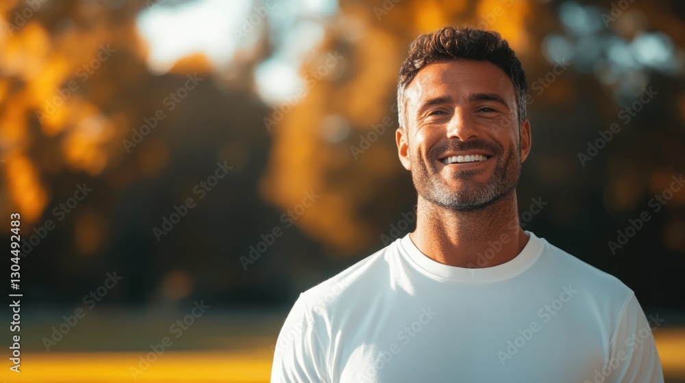 Smiling man in nature, surrounded by vibrant trees, radiates pos Smiling man in nature, surrounded by vibrant trees, radiates pos