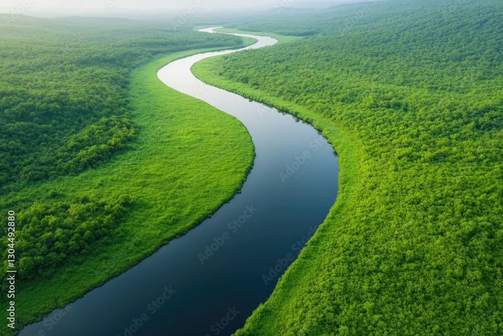 Lush green landscape with winding river, showcasing untouched na Lush green landscape with winding river, showcasing untouched na