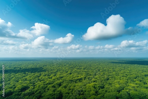 Expansive lush greenery stretches beneath bright blue sky, showc