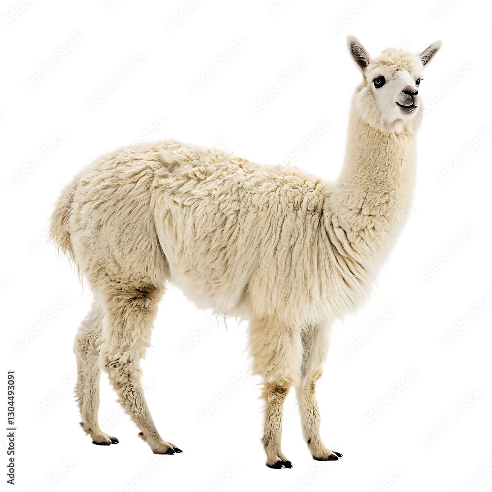 Fototapeta premium Beautiful Cream-Colored Alpaca Against a White Background