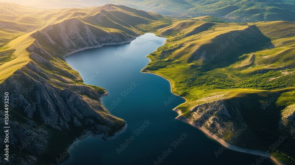 Beautiful Mountains with a Lake in Spring, Photographed from Above, Featuring Green Grass, Blue Water Surface, and Golden Hour Sunlight Beautiful Mountains with a Lake in Spring, Photographed from Above, Featuring Green Grass, Blue Water Surface, and Golden Hour Sunlight