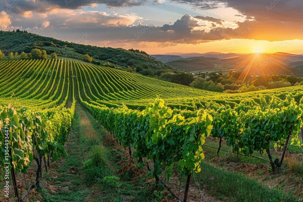 Fototapeta premium Scenic vineyard landscape at sunset with rolling hills and lush green vines