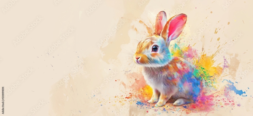 Obraz premium Colorful rabbit illustration with vibrant splashes of paint and soft background