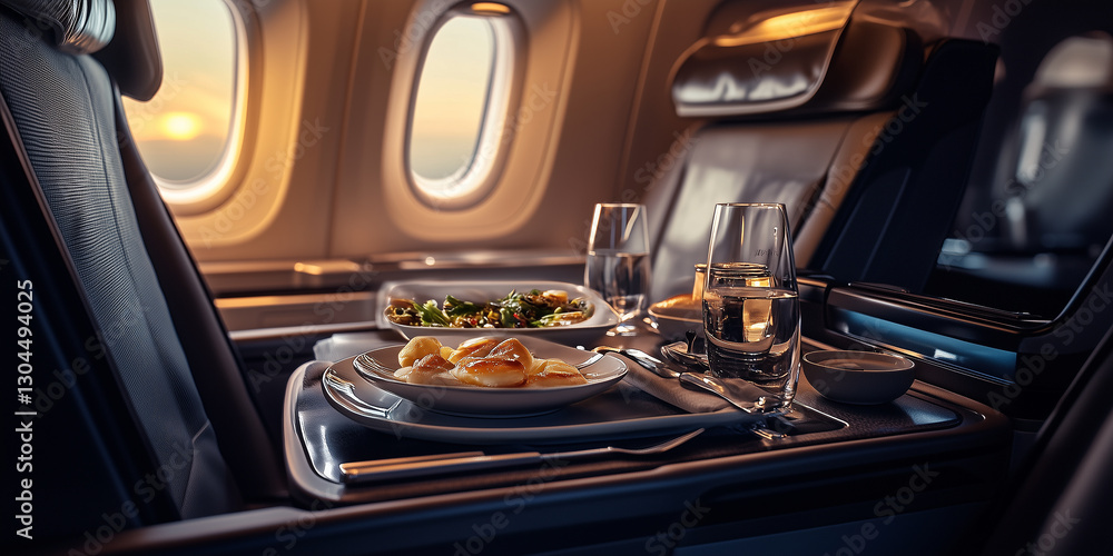 Fototapeta premium A luxurious meal placed on a first class seat of an airplane, with natural lighting, a cinematic composition, and sharp details.