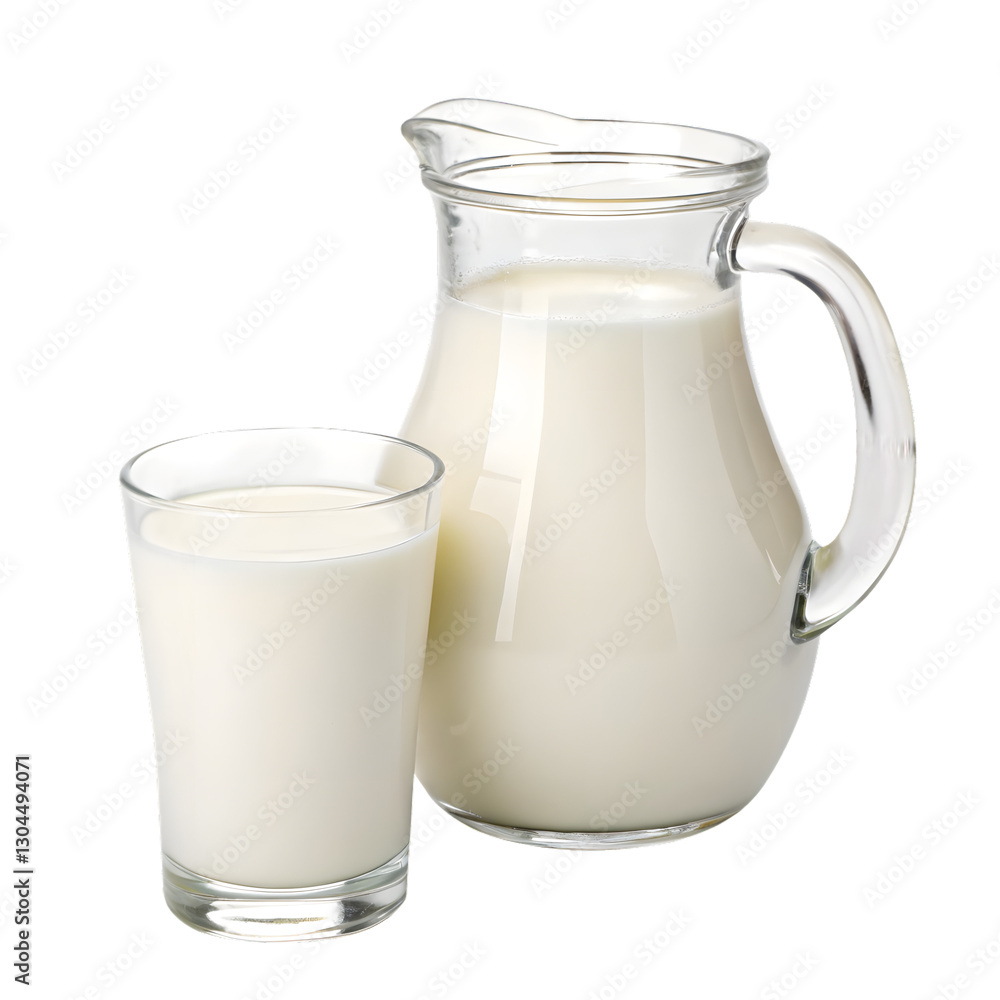 Pure Dairy: Fresh milk in a clear glass and a glass pitcher, capturing the essence of purity, health, and freshness. Pure Dairy: Fresh milk in a clear glass and a glass pitcher, capturing the essence of purity, health, and freshness.