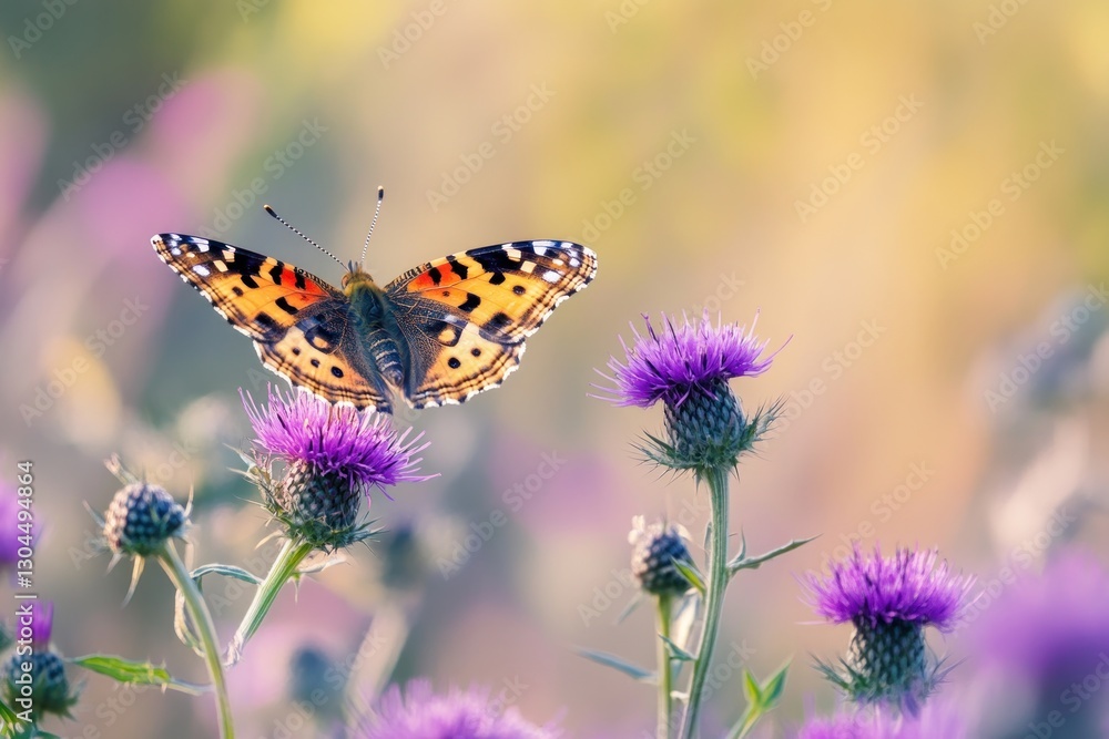 Obraz premium Painted lady butterfly landing on thistle flowers in sunset.