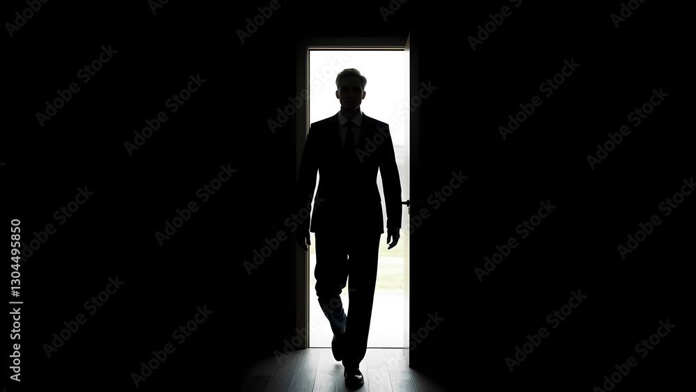 Obraz premium Mysterious figure emerges from darkness business setting silhouette image indoor environment dramatic perspective suspenseful concept