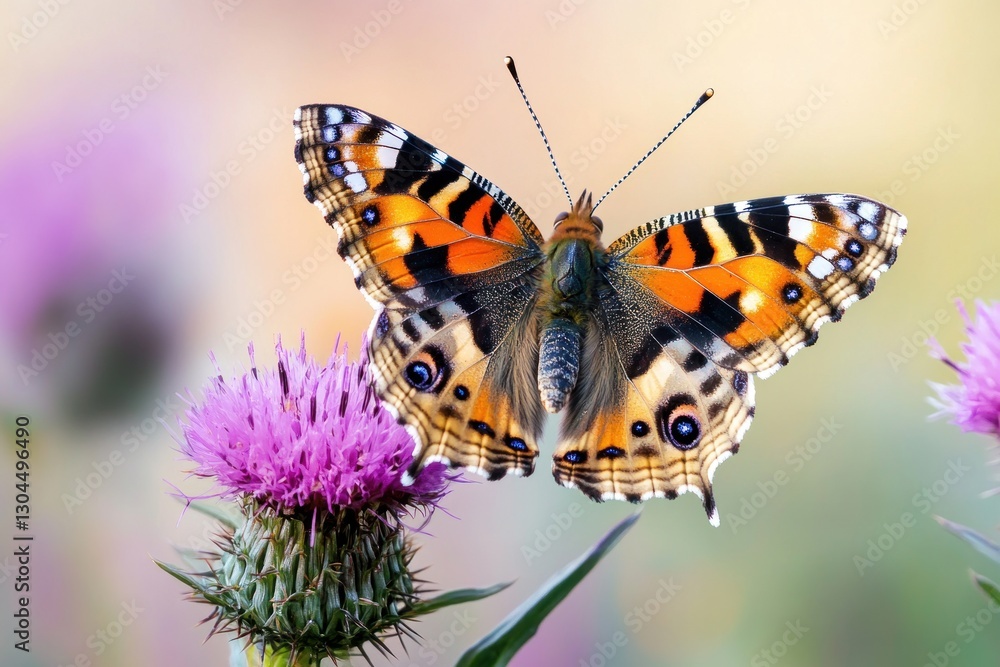 Painted lady butterfly on thistle flower. Painted lady butterfly on thistle flower.