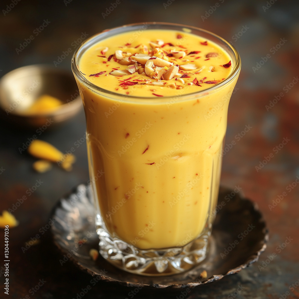 A frothy glass of mango lassi garnished with crushed nuts and spices, served in a traditional kulhad for an authentic Indian experience. A frothy glass of mango lassi garnished with crushed nuts and spices, served in a traditional kulhad for an authentic Indian experience.