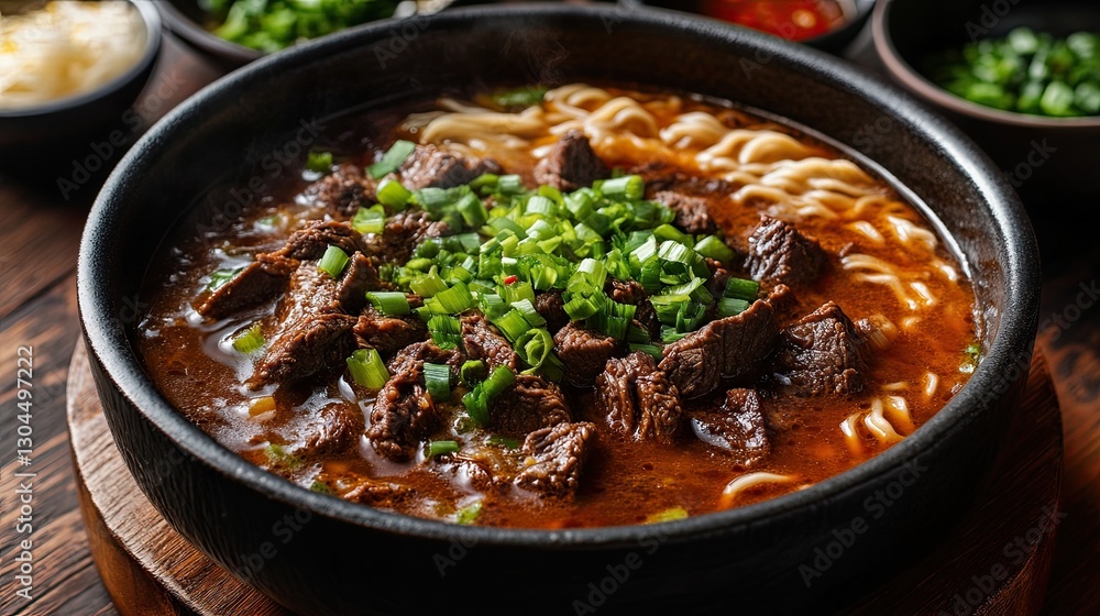 Hearty beef soup with creamy broth topped with green onions. Hearty beef soup with creamy broth topped with green onions.