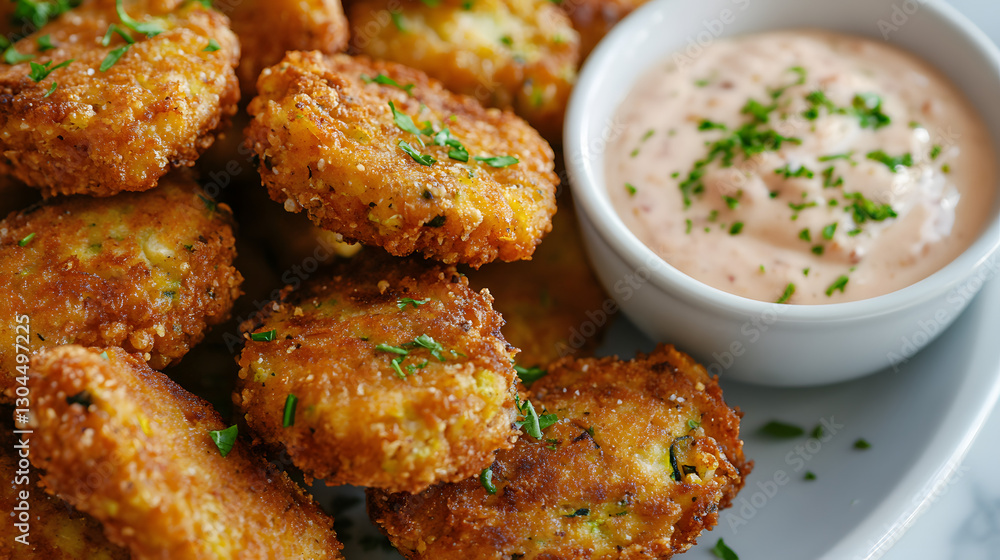 Herb-infused zucchini fritters with a golden, crispy coating, served with a refreshing dip for a delicious snack experience. Herb-infused zucchini fritters with a golden, crispy coating, served with a refreshing dip for a delicious snack experience.
