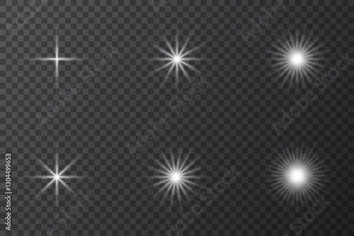 A set of realistic light flash effects on a transparent background, including various shapes and intensities of glow, for use in graphic design