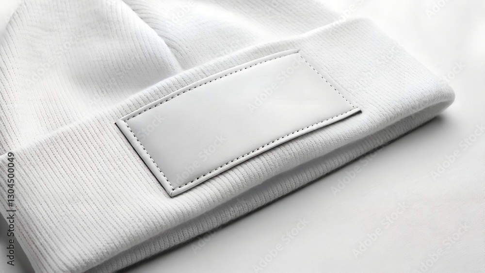Elegant white beanie mockup with a blank white leather patch. Minimalist, soft knit texture with a folded cuff. Perfect for branding, logo placement, and fashion design. High-quality template. Elegant white beanie mockup with a blank white leather patch. Minimalist, soft knit texture with a folded cuff. Perfect for branding, logo placement, and fashion design. High-quality template.