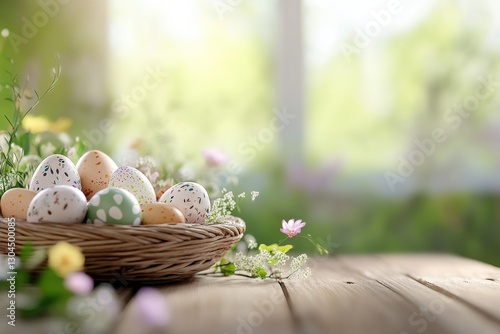 Colorful easter eggs in wicker basket surrounded by flowers for spring celebration