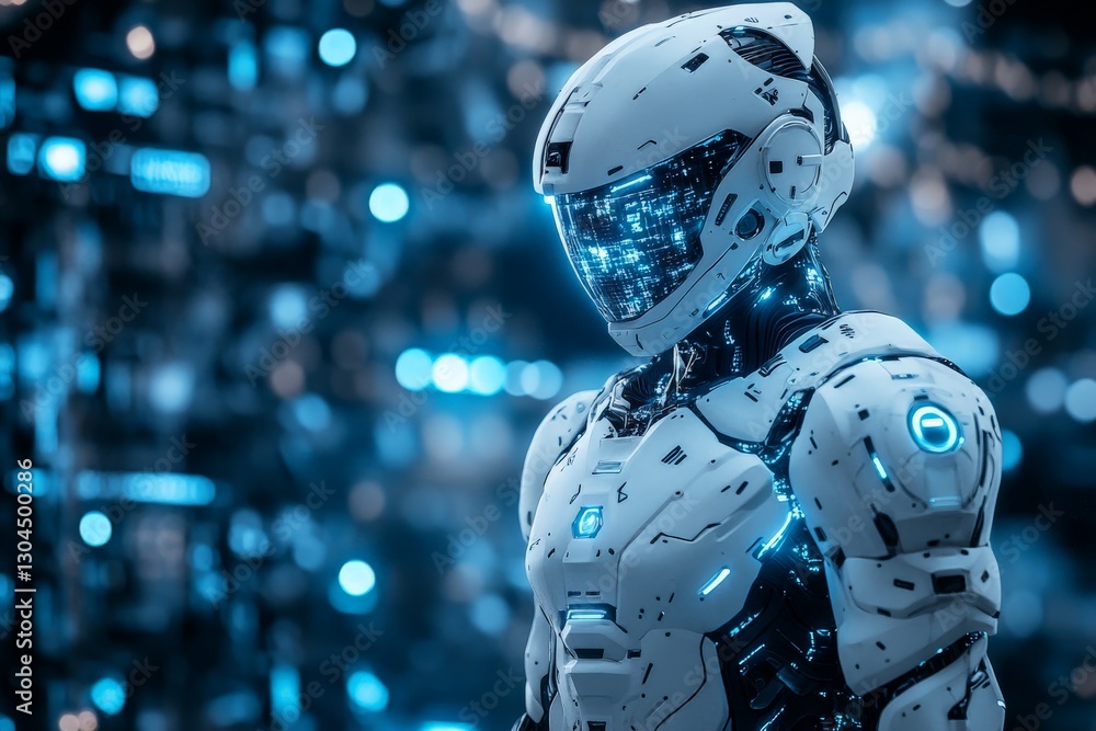 Futuristic humanoid robot stands amidst glowing technology in a cybernetic environment at night Futuristic humanoid robot stands amidst glowing technology in a cybernetic environment at night