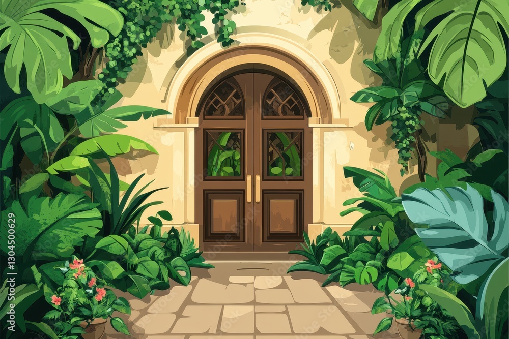 Fototapeta premium Serene Tropical Entrance Surrounded by Lush Greenery and Plants