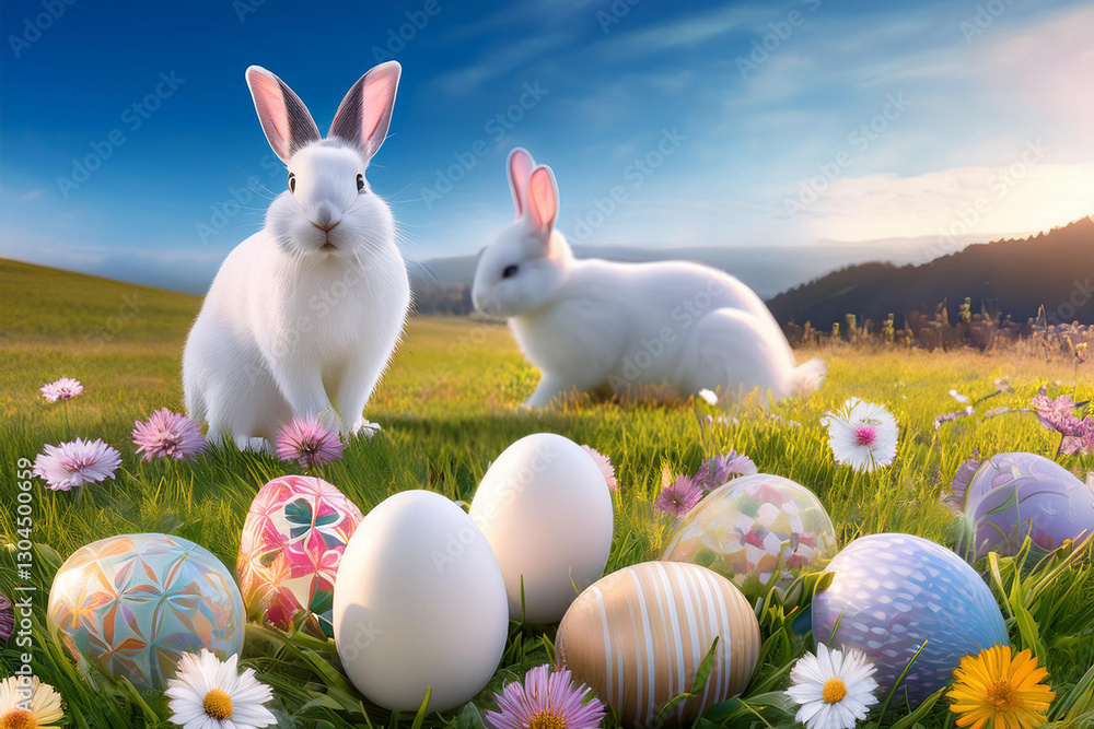 AI generated image. Easter decorated eggs and white bunnies in a flowery meadow