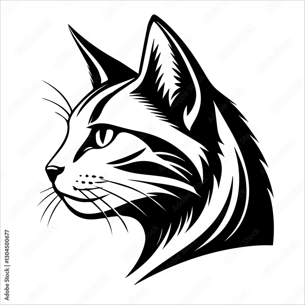 Detailed black and white vector portrait of a cat in profile, with an emphasis on expressive stripes and contours that emphasize its grace and elegance Detailed black and white vector portrait of a cat in profile, with an emphasis on expressive stripes and contours that emphasize its grace and elegance