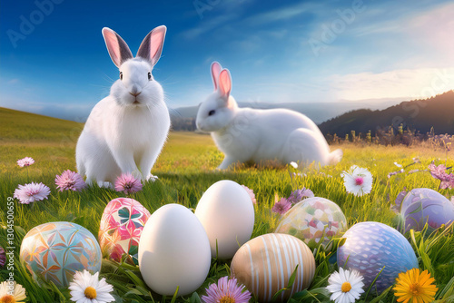 Obraz na płótnie AI generated image. Easter decorated eggs and white bunnies in a flowery meadow w salonie