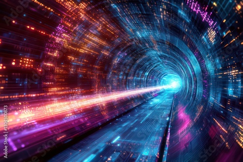 A futuristic journey through a virtual tunnel, with abstract data networks and digital light beams flowing past, symbolizing the next frontier of virtual reality and quantum technology.