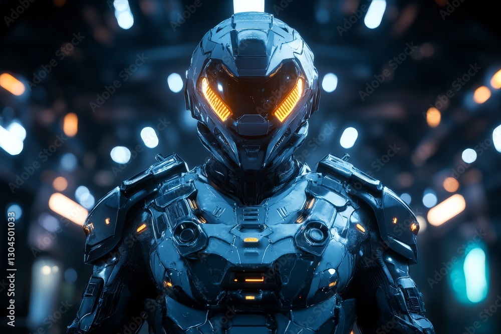 Fototapeta premium Futuristic armored soldier in a high-tech environment showcasing advanced technology and design