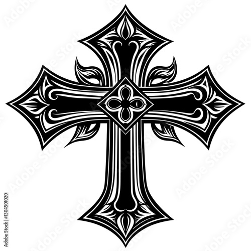 Ornate Black and White Cross Design with Intricate Patterns and Floral Details