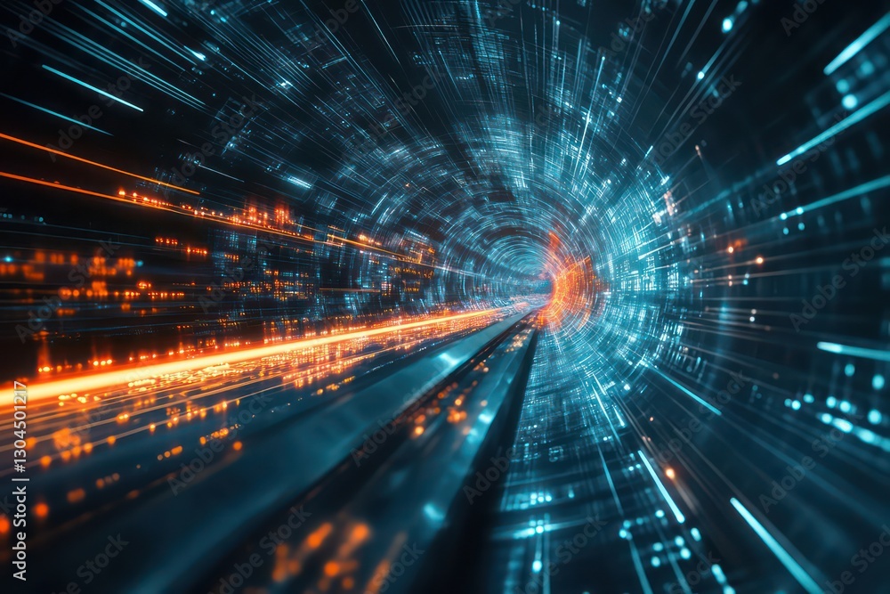 A futuristic journey through a virtual tunnel, with abstract data networks and digital light beams flowing past, symbolizing the next frontier of virtual reality and quantum technology. A futuristic journey through a virtual tunnel, with abstract data networks and digital light beams flowing past, symbolizing the next frontier of virtual reality and quantum technology.