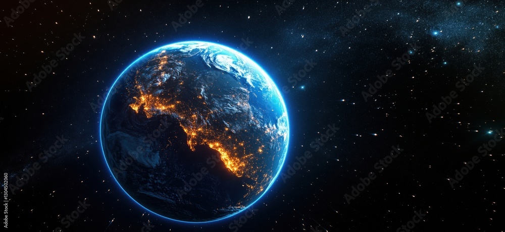 Obraz premium Earth illuminated at night showcasing city lights and cosmic background