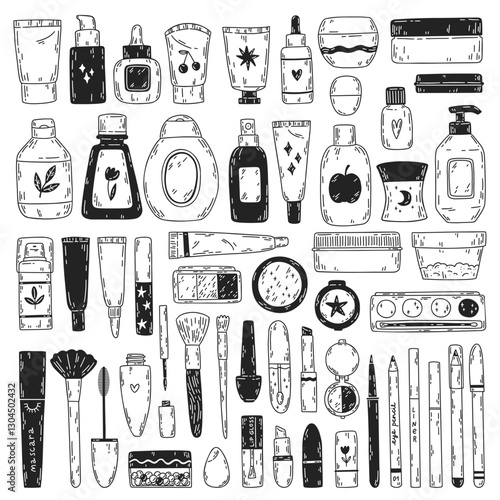 Set of different bottles and tubes of cosmetics, jars for skin care and makeup tools doodles. Cute cartoon mascaras, liners, lipsticks, lip gloss, shadows. Vector hand-drawn line illustrations