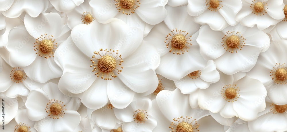 Delicate white flowers with golden centers creating a soft floral background Delicate white flowers with golden centers creating a soft floral background
