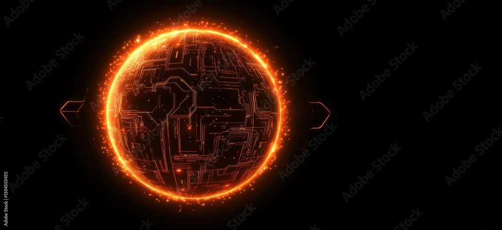 Fototapeta premium Futuristic glowing circuit board planet with orange light effects and digital design