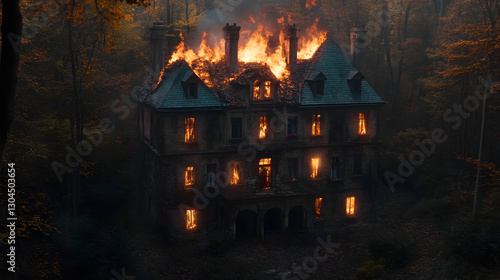 Lonely mansion in the middle of a forest, its roof alight with flickering red and orange flames, casting long shadows.